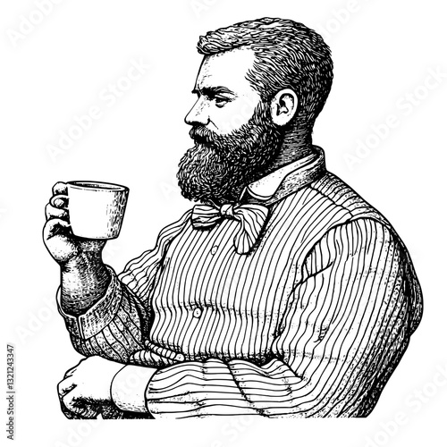 Engraved illustration of a bearded man enjoying a cup, embodying vintage charm and artistic expression for tattoo and packaging designs