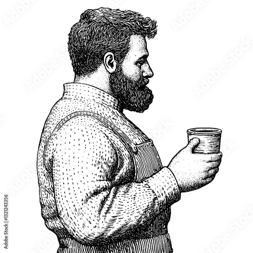 Engraved vector illustration of a bearded man holding a cup, perfect for tattoo ideas and packaging design inspiration