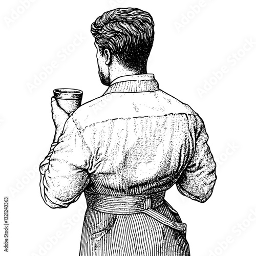 Engraved illustration of a craftsman holding a cup while wearing an apron in a vintage style representation of skilled artistry