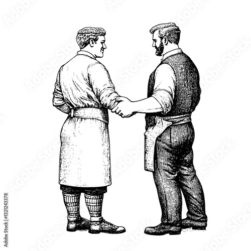 Two men shaking hands in a vintage engraving style illustration for tattoo or packaging design