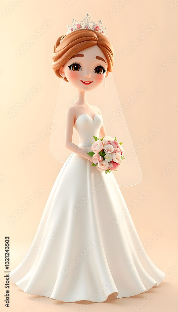 3D cute cartoon wedding bride, long flowing white dress, wearing a floral tiara, holding a bouquet, elegant and graceful pose, dreamy soft lighting, ultra 3D cute cartoon wedding bride, long flowing white dress, wearing a floral tiara, holding a bouquet, elegant and graceful pose, dreamy soft lighting, ultra