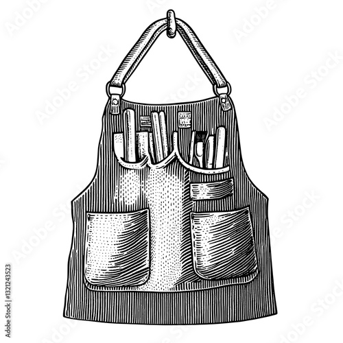Intricate vector engraving of a tool apron with pockets, symbolizing craftsmanship and creative potential in design art