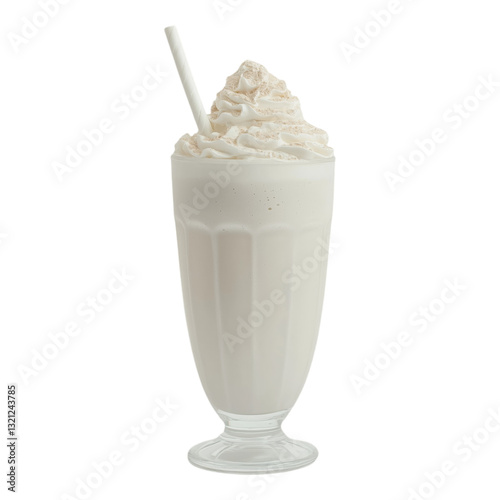 Vanilla milkshake with whipped cream and paper straw on transparent background