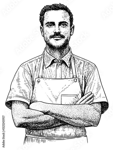 Intricate engraved illustration of a confident tattoo artist standing with arms crossed in a modern studio setting