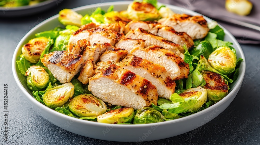 Grilled chicken salad with brussel sprouts. Healthy eating concept. Grilled chicken salad with brussel sprouts. Healthy eating concept.