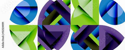Abstract geometric artwork with interwoven angular and curved shapes, dynamic composition with smooth gradients and bold contrasts