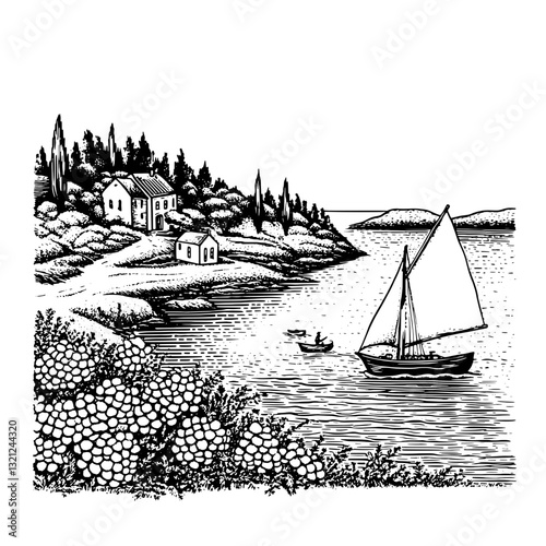 Sailing across tranquil waters with a serene coastal village at sunset under cloudless skies