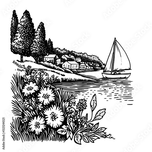 Engraved vector illustration of a serene lakeside village with a sailboat and blooming flowers showcasing nature’s tranquility