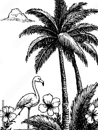 Flamingo standing gracefully among palm trees and tropical flowers in an artistic engraved illustration for unique tattoo designs and packaging ideas