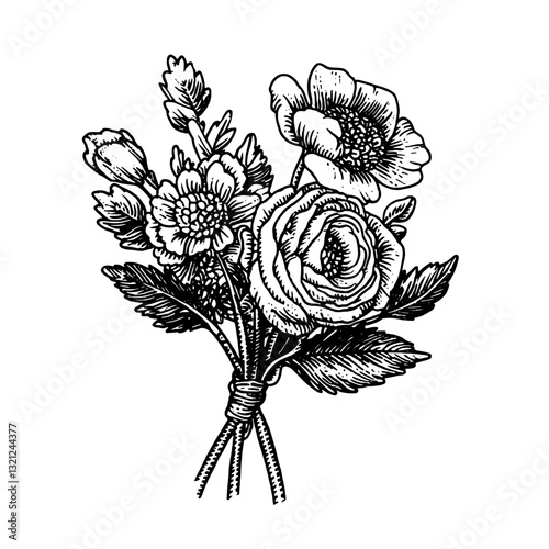 Intricate engraved floral bouquet illustration perfect for tattoos and stylish packaging designs