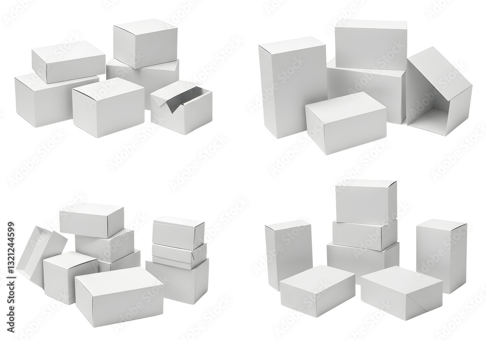 Stack of Various Sizes White Boxes Against Transparent Background for Package Mockup Stack of Various Sizes White Boxes Against Transparent Background for Package Mockup