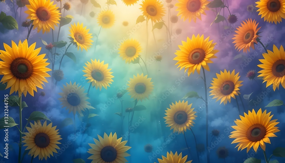 A Vibrant Field Of Sunflowers Dancing In A Dreamy, Colorful Mist, Bathed In Soft, Ethereal Light A Vibrant Field Of Sunflowers Dancing In A Dreamy, Colorful Mist, Bathed In Soft, Ethereal Light