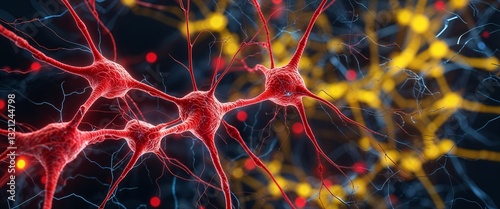 red neural network neuron connection yellow dark background motion and energy concept modern and futuristic digital abstract artwork background