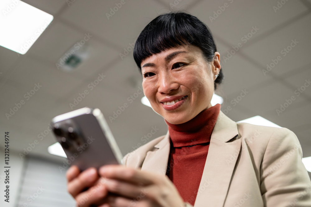 Close up view of beautiful Japanese businesswoman using her smart phone at work. Close up view of beautiful Japanese businesswoman using her smart phone at work.