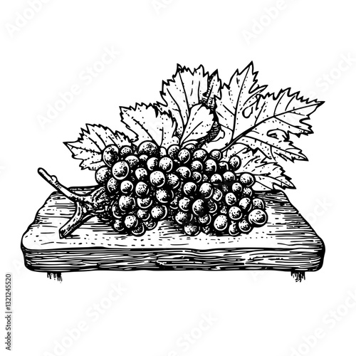 Engraved vector illustration of a grape cluster and leaves on a wooden surface for art and tattoo designs
