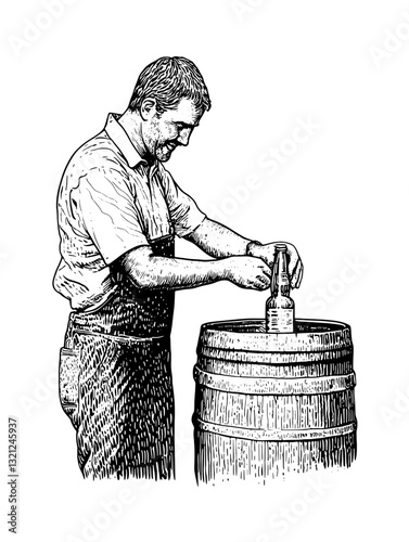 Engraved illustration of a skilled craftsman bottling beer at a rustic wooden barrel during a warm afternoon