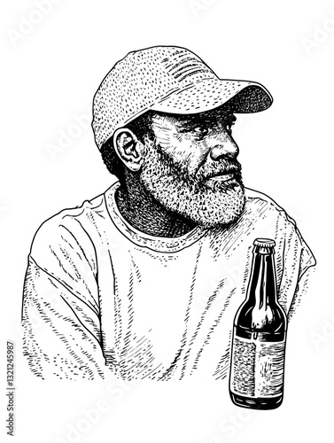 Captivating vector illustration of a contemplative man with a beard enjoying a drink in a relaxed moment