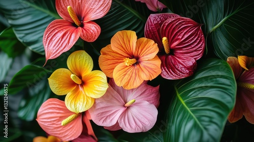 Wallpaper Mural Vibrant tropical flowers, lush leaves, close-up, nature, floral arrangement Torontodigital.ca