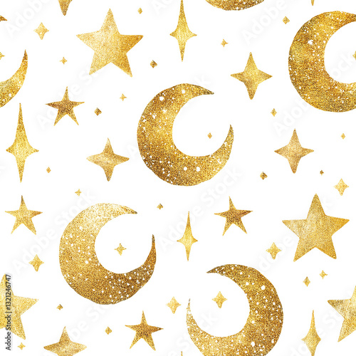 Seamless pattern of crescent moons and stars in golden tones on a white background. Gold leaf effect. The design is suitable for decoration during the Ramadan holiday or Eid