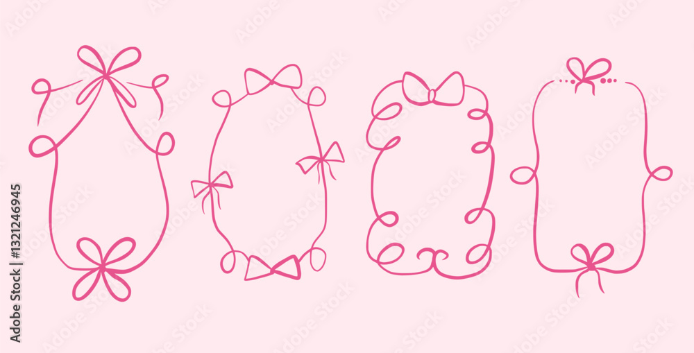 Doodle coquette frames with bows. Vintage line wavy border with ribbons set. Vector cute scribble curly rectangle and oval template foe holiday menu. Minimalistic cadre birthday hand drawn.