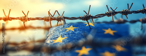 EU flag, barbed wire, border crisis