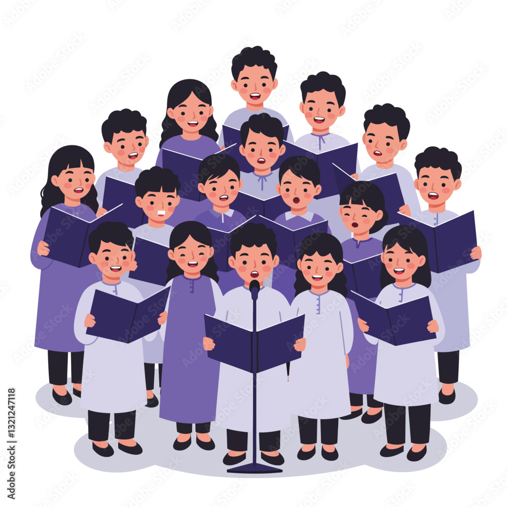 Group of children singing joyfully in flat vector illustration style Group of children singing joyfully in flat vector illustration style