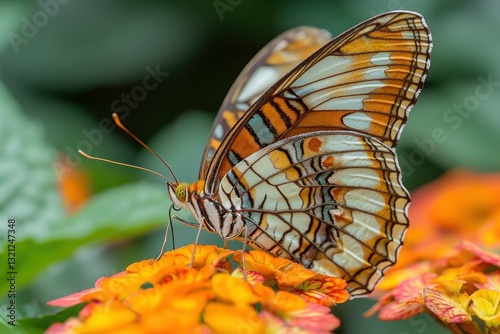 Colorful butterfly resting on orange flowers in a greenhouse photo