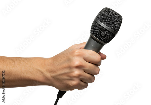 Hand Holding Microphone for Speech or Performance on Transparent Background