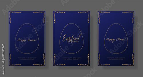 Easter set card. Dark blue background with gold egg outline, ornate floral corners, and stylish Happy Easter text. Luxurious and classic holiday greeting with refined typography and festive design