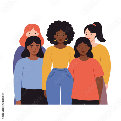 Group of diverse women standing together in flat design vector art