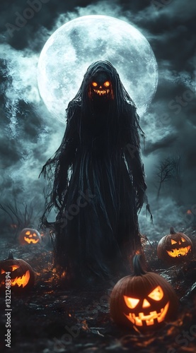 a scary halloween figure standing in front of the full moon with jack o'lanterns.