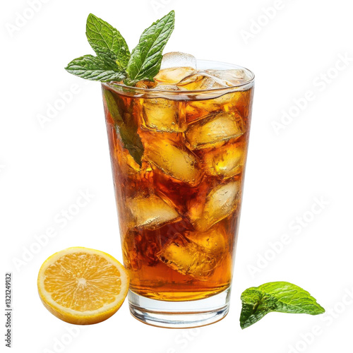 Glass of cola with ice cubes, lemon and basil isolated on transparent background.
