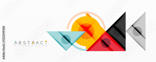 Geometric abstract design with layered triangles, circles, and gradients, forming a structured pattern with sharp contrasts and depth