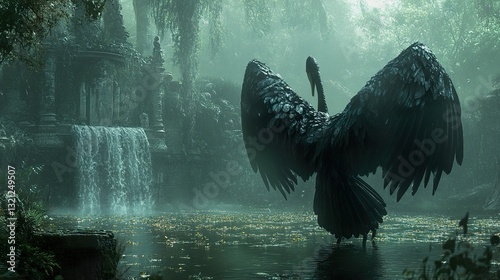 Mystical Bird in Ancient Ruins: A Fantasy Lake Scene photo