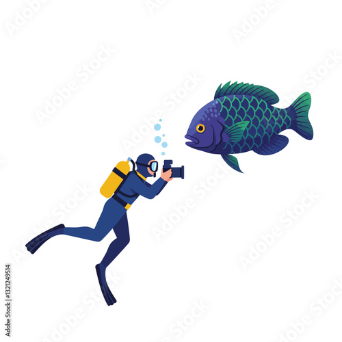 Scuba diver interacting with colorful fish in flat design vector art
