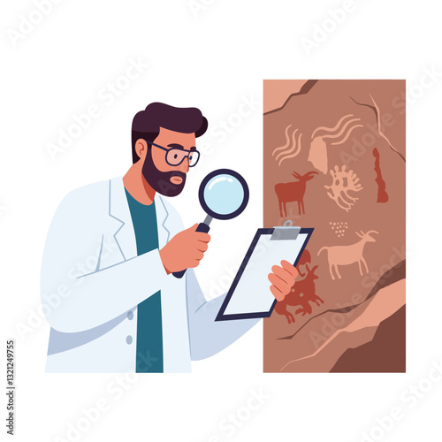 Scientist examining ancient cave drawings in minimal flat vector art