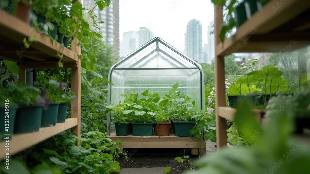 Lush greenhouse filled with thriving plants, wooden shelves, urb