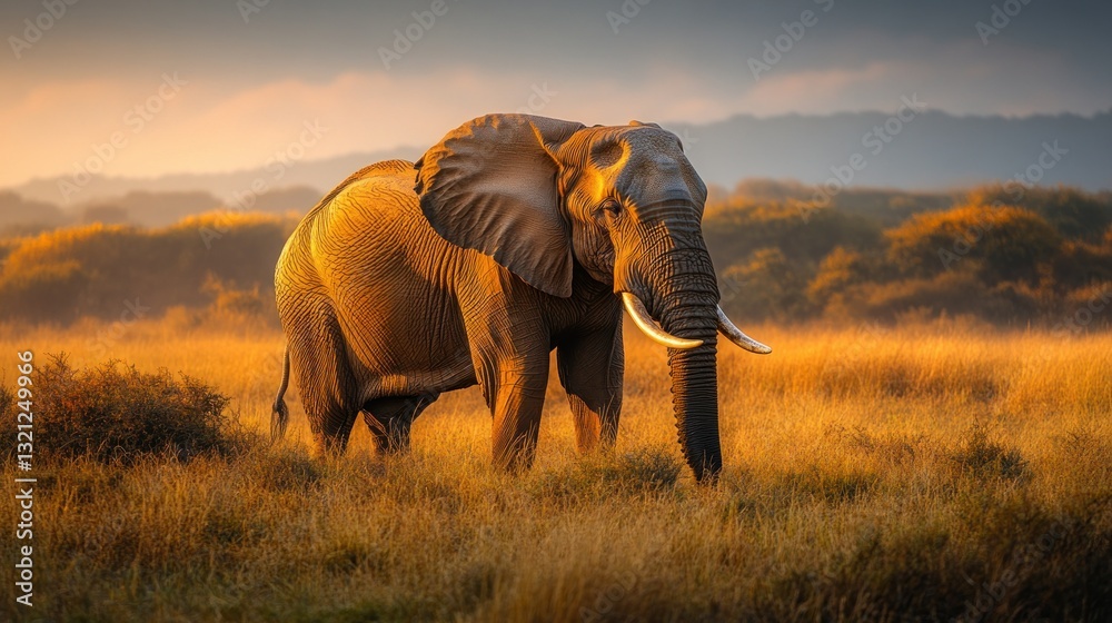 Obraz premium Majestic elephant in golden savanna sunrise