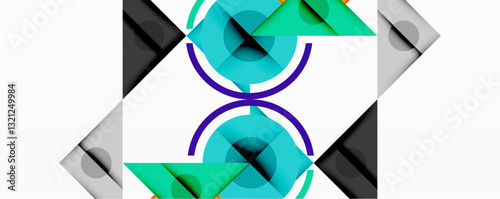 Geometric abstract design with layered triangles, circles, and gradients, forming a structured pattern with sharp contrasts and depth