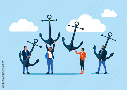 Stop career burden. Business people holding anchors. cooperation. Teamwork and unity.  Modern vector illustration in flat style