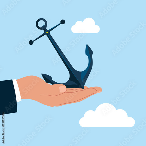 Hand businessman holds anchor. Flat vector illustration 