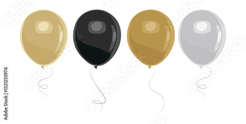 Balloon set, gold, silver, golden, black festive helium balloons. trendy design elements for Christmas, New year, anniversary, birthday card, party invitation, banner. Vector illustration isolated.