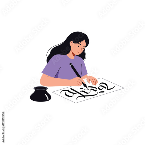 Artist creating beautiful calligraphy with ink in minimal flat vector illustration