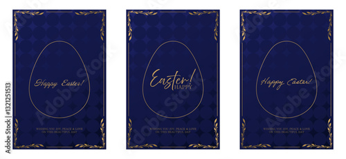 Easter celebration card. Deep blue background with a golden egg outline and Easter Happy text in an artistic font. Gold decorative frame with floral accents enhances the elegant look.