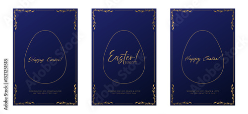 Easter greeting card. Dark blue background with a golden egg outline and elegant Happy Easter inscription. Ornamental gold frame and decorative details add a luxurious touch. Festive message bottom