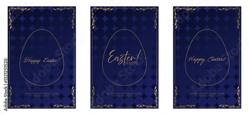Easter celebration card. Deep blue background with a golden egg outline and Easter Happy text in an artistic font. Gold decorative frame with floral accents enhances the elegant look.