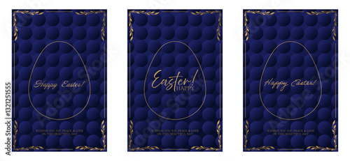 Easter celebration card. Deep blue background with a golden egg outline and Easter Happy text in an artistic font. Gold decorative frame with floral accents enhances the elegant look.