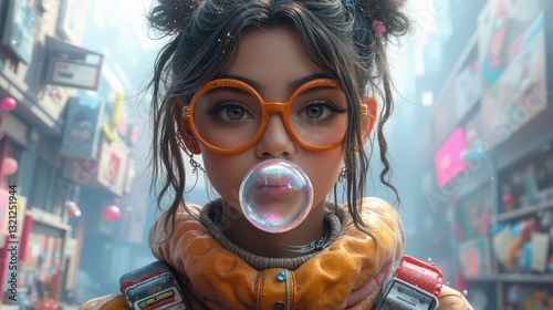 Closeup portrait of a young woman blowing a bubblegum bubble in a futuristic city setting.