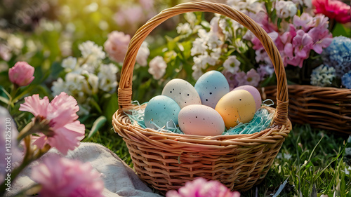 Wallpaper Mural The concept of a bright Easter holiday. Beautiful background with Easter eggs in a wicker basket and spring cherry blossoms. Torontodigital.ca