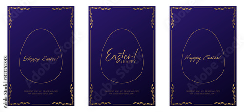 Easter greeting set. Dark blue background with a textured pattern, golden egg outline, and elegant inscriptions. Ornate gold frame with decorative leaves enhances the festive and luxurious design